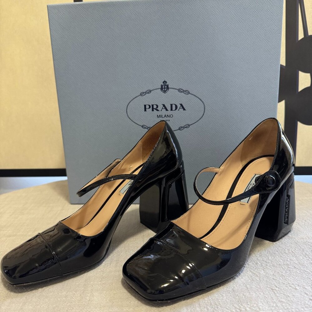 Prada Square Toe Mary Jane Patent Leather Shoes, Black, Size 39